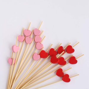 100-Pack Red/Pink Bamboo Skewers 5", Heart Design Biodegradable Cocktail Sticks - Eco Friendly Fruit Appetizer Party Picks - Pack of 100 Sticks